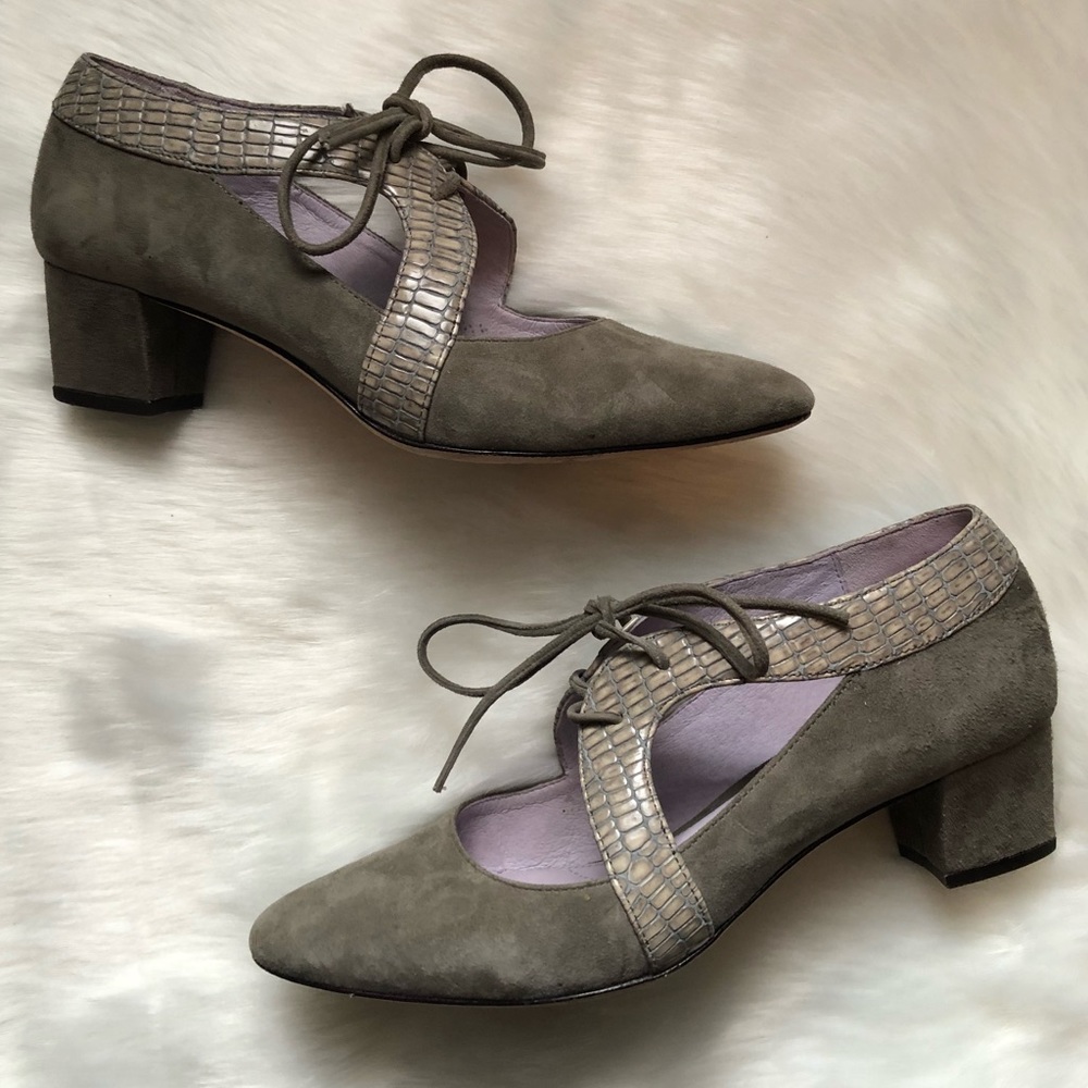 Johnston & Murphy Gray Suede Lace-Up Mid Heel Pumps